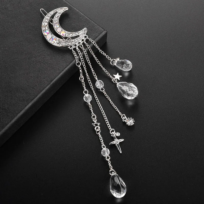 RE 2018 Hot Fashion Moon Crystal Rhinestone Tassel Long Chain Beads Dangle Hair Pins Clip Girls Women Jewelry Accessories S1440 - Image 4