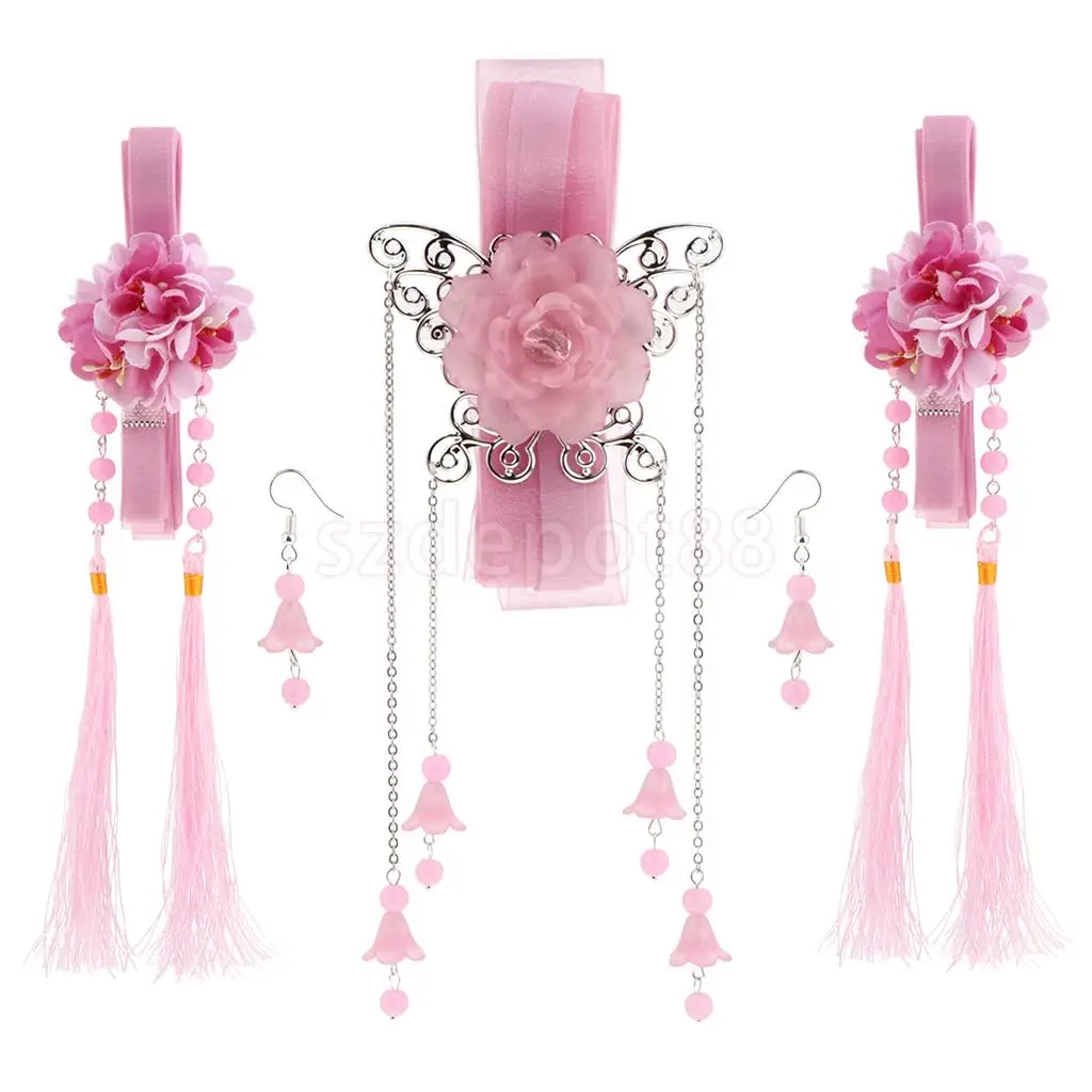 Ribbon Flower Chain Tassel Ancient Chinese Headdress Clip & Beads Dangle Earring Set Bridal Wedding Cosplay Party Hair Jewelry