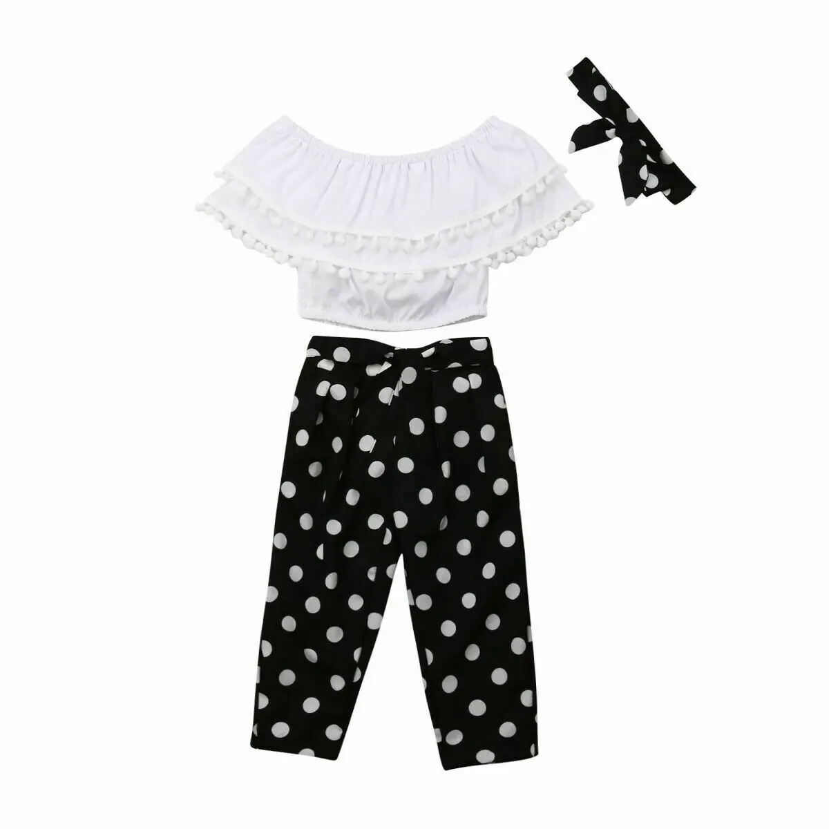 

Summer New Toddler Kids Girls Off Shoulder Layered Tassel Ball Crop Tops Polka Dot Long Pant Legging Headband 3PCS Girls Clothes
