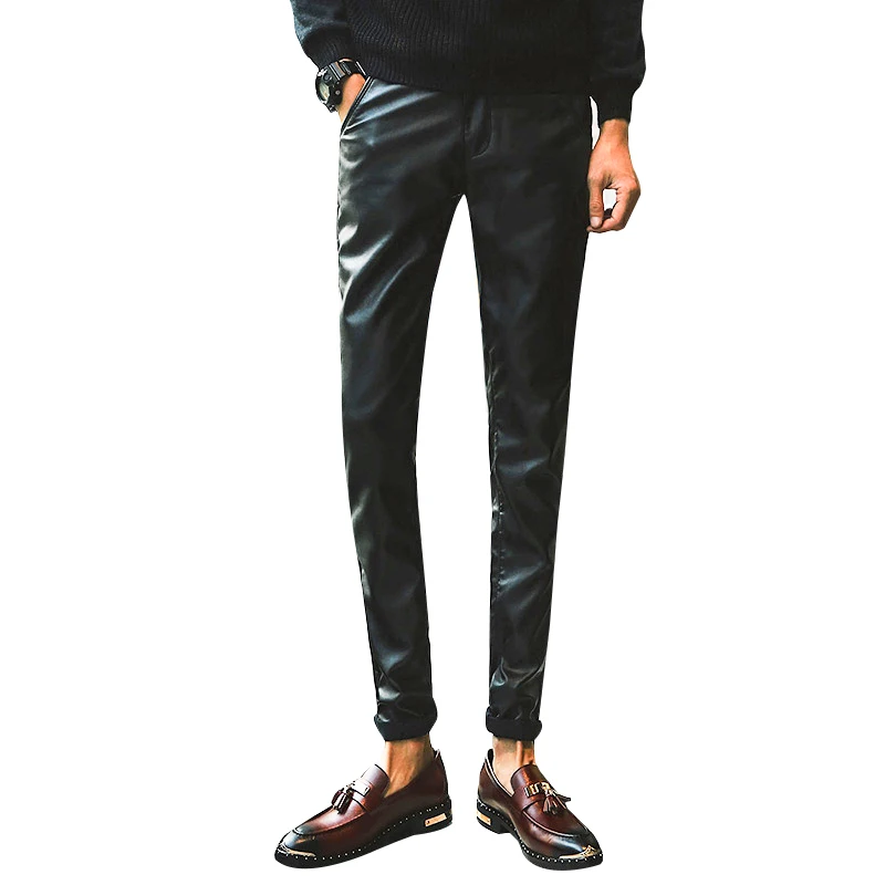 Winter warm Faux pu leather pants men with fleece Slim Black 28 33 34