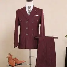 Индивидуальный заказ бордовый в полоску твид жениха Смокинги для женихов двубортный Блейзер 3 предмета Мужская Свадьба Пром Костюмы мужской костюм