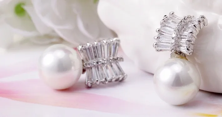 Luxury Rectange Cut Swiss Cubic Zirconia and Shell Pearl Stud Earrings For  Women Fashion Wedding Jewelry Femme Fine Jewelry Hot