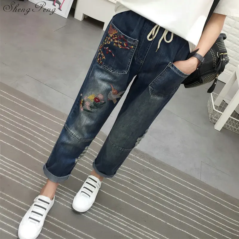 Джинсы 2019 женские джинсы с вышивкой бойфренд джинсы для женщин Брюки Высокая талия Q660