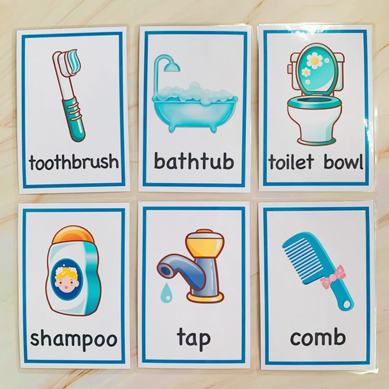 Children Kitchen+Bathroom card English FlashCard Study Montessori Education Learning English