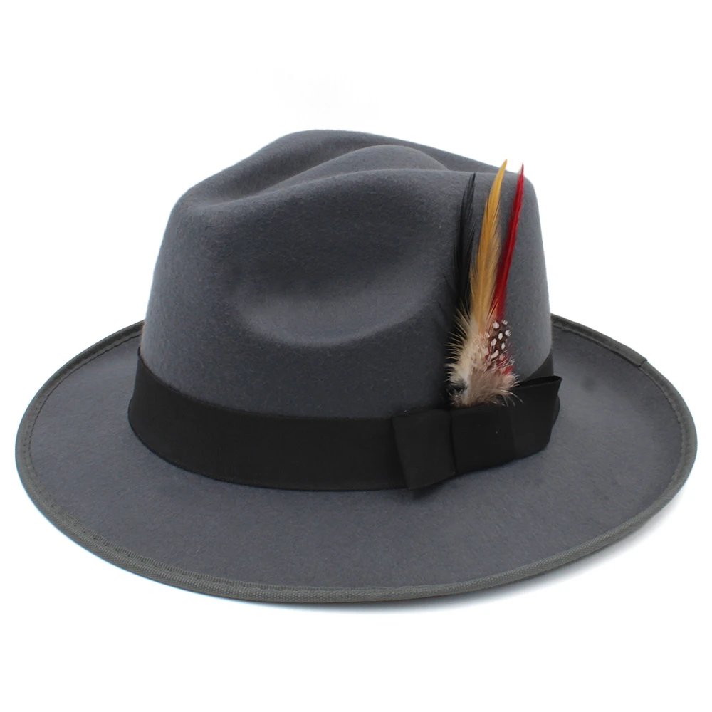 Ретро унисекс шерстяная шляпа Дерби мягкая фетровая шляпа бант лента фазан перья группа Bowler C Корона Каплевидная форма Кепка(один размер 58 см - Цвет: Серый