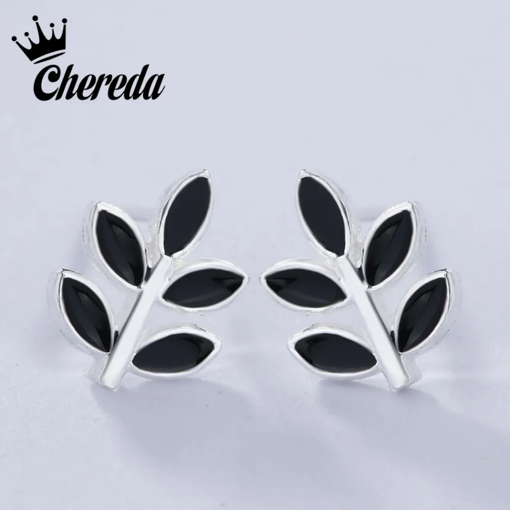 

Chereda Silver Plated Hot Simple Black Leaf Lady Jewelry Stud Earrings Beautiful Earring Creative Design Special Gift
