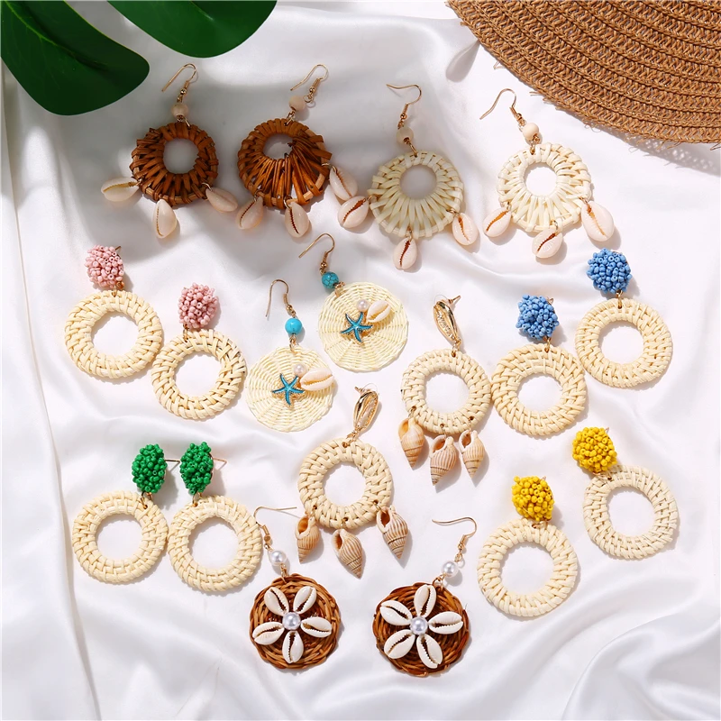 

Bohemia Summer Shell Straw Rattan Earrings For Women 2019 New Fashion Flower Round Dangle Statement Wooden Drop Earrings Big