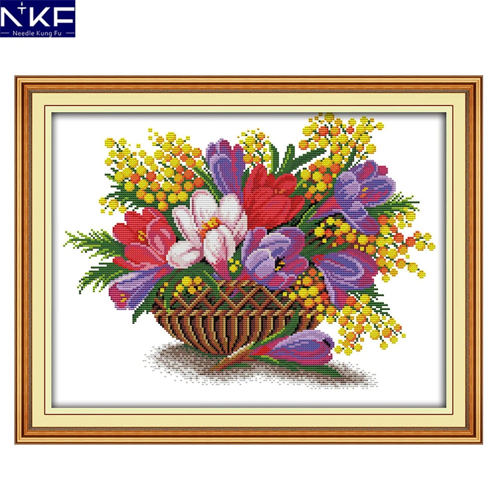 

NKF Flower Basket Cross Stitching Needlework DIY Kits Cross Stitch Embroidery Paintings Cross-stitch Christmas for Home Decor