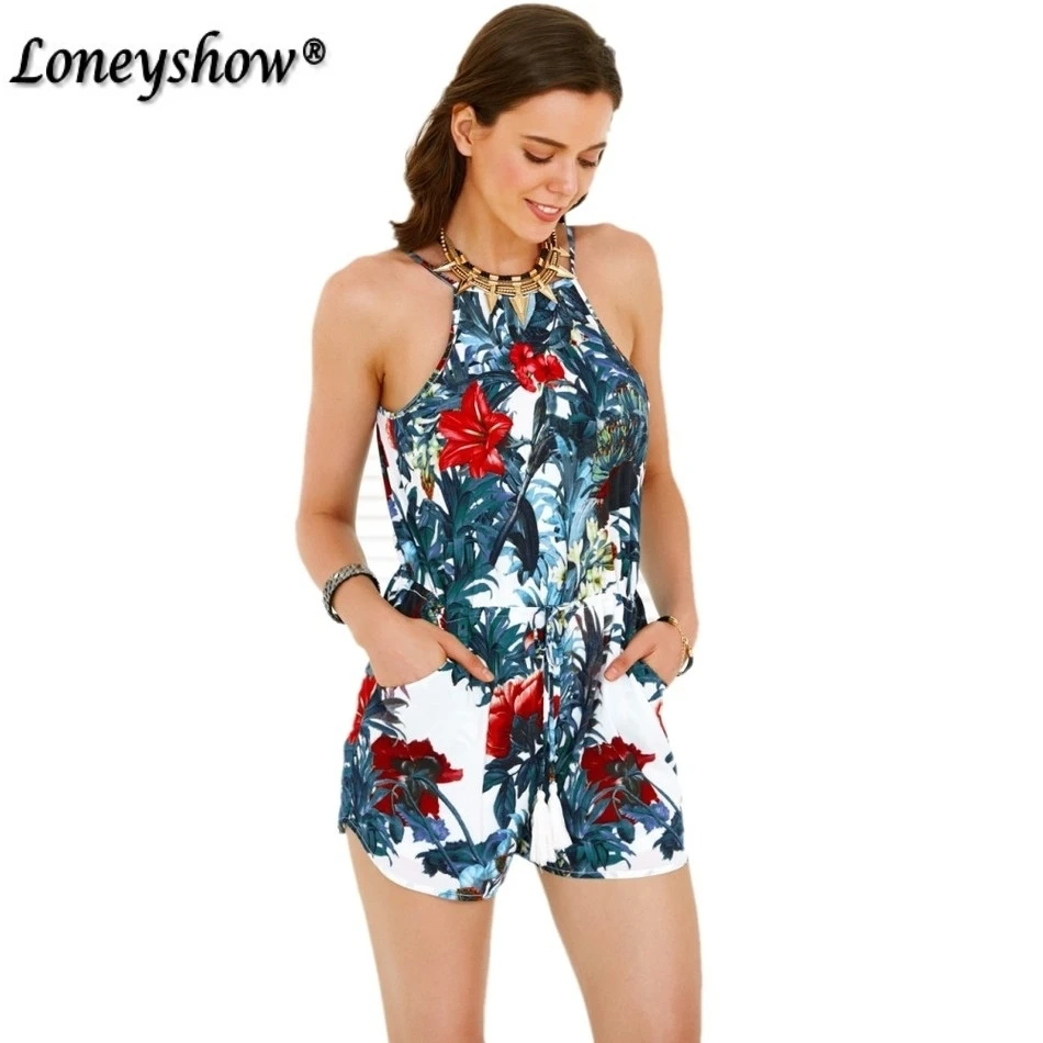 

2018 Summer Floral Printed Women Short Jumpsuits Playsuits Halter Sling Holiday Female Bodysuits Sexy Boho Beach Shorts