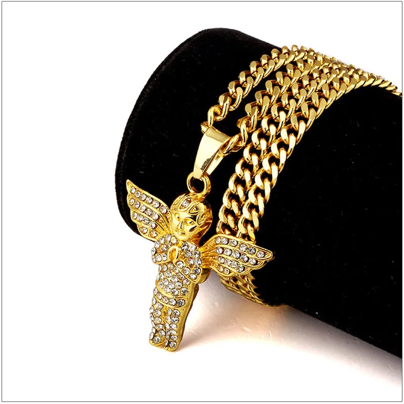 Golden Full Crystal Iced Out Angel Wings Charm Angel Pendant Hip Hop