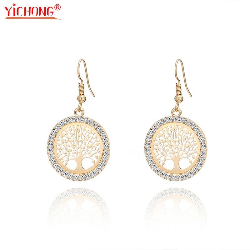 

Tree of Life Gold Crystal Earrings Women Hollow Out Copper Tree Pattern Round Earring moda mujer Jewelry 2018 Fashion Pendiente