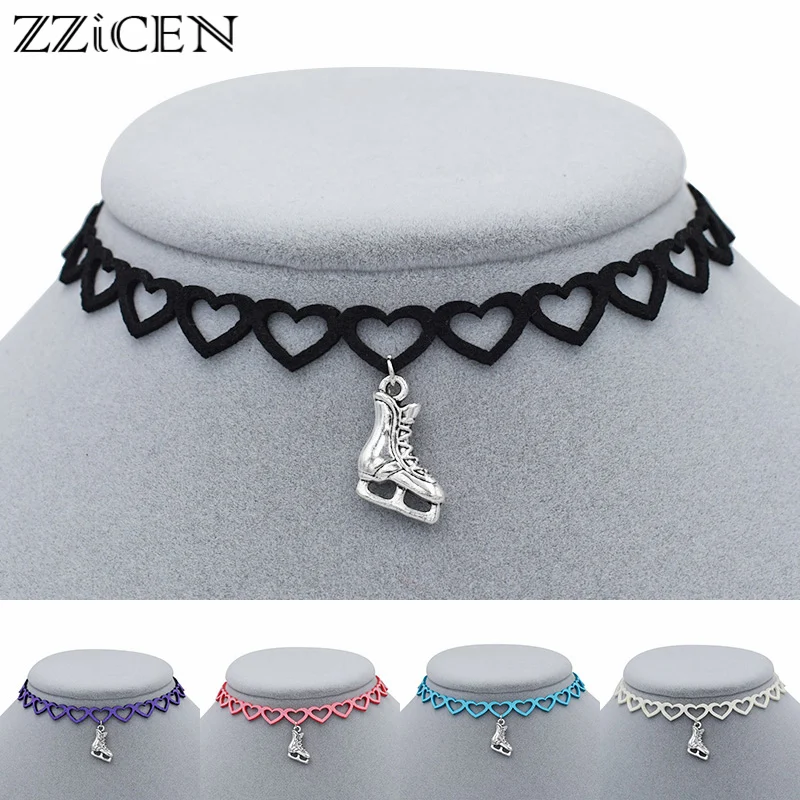 Новые Элегантные античные серебряные Айс-Роллер, ролик для массажа лица коньки роликовые коньки обувь подвеска сердце Чокеры кожаное ожерелье для женщин ювелирные изделия подарки