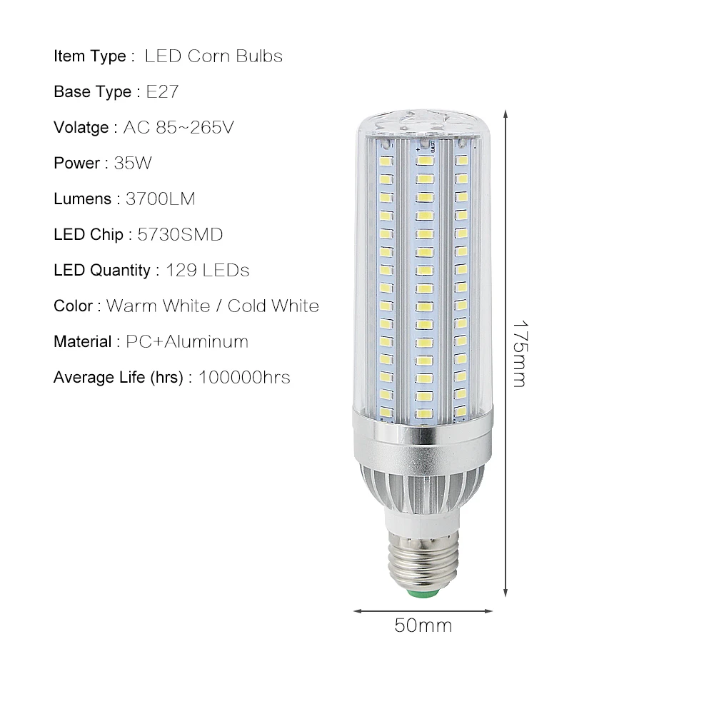 25 w 35 w 45 w E27 светодиодный лампы 85-265 V 5730 SMD лампа 105/129/153 светодиодный s Алюминий боди с вентилятор Ложные 40 w 50 w 60 w