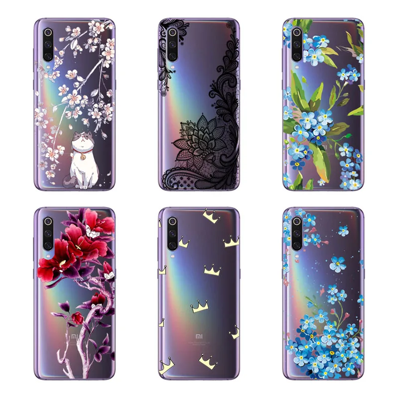 Xiaomi Mi 9 Case,Silicon Black Painting Flower Soft TPU Back Cover for Xiaomi Mi 9 SE Protect Phone Cases Shell