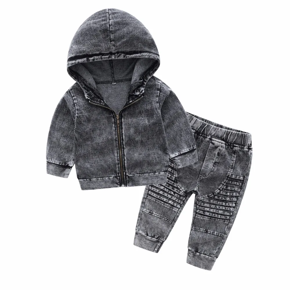 Goedkoop Kimocat Herfst nieuwe Charismatische guy kinderen hooded lange mouwen gebreide denim pak jongen tweedelige