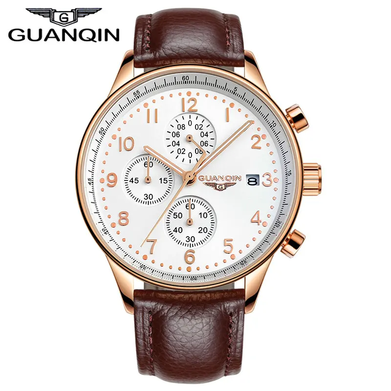 GUANQIN New Fashion Luminous Leather Strap Multifunction Watches Men Quartz Watch Waterproof Wristwatches Male Table Relojes