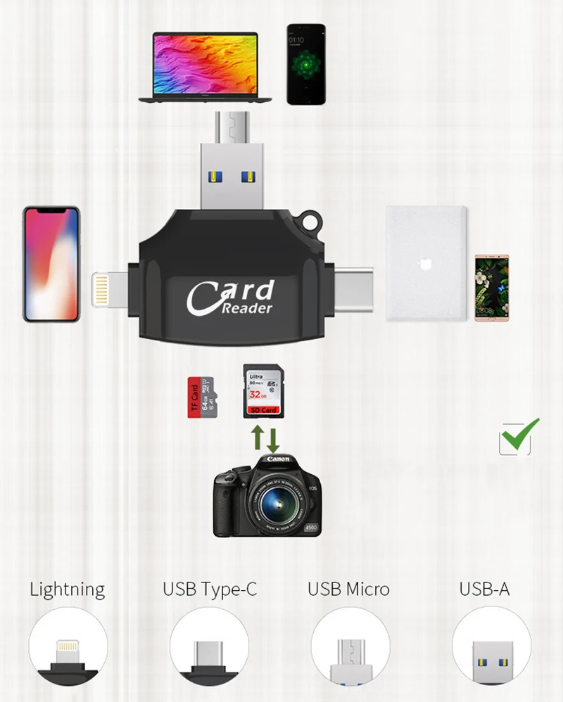 4 в 1 Тип C Micro SD кардридер usb type-c OTG USB флеш-память гаджет для iPhone iPad MacBook адаптер считыватель SD карт молния