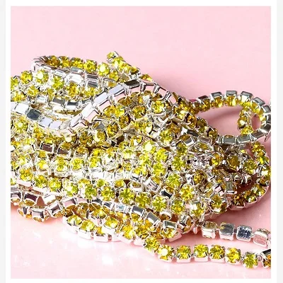 1yard/piece 30colors glass crystal Rhinestone Chain,silver bottom sew on Cup Chains For diy Garment Bags decorations Lemon yellow