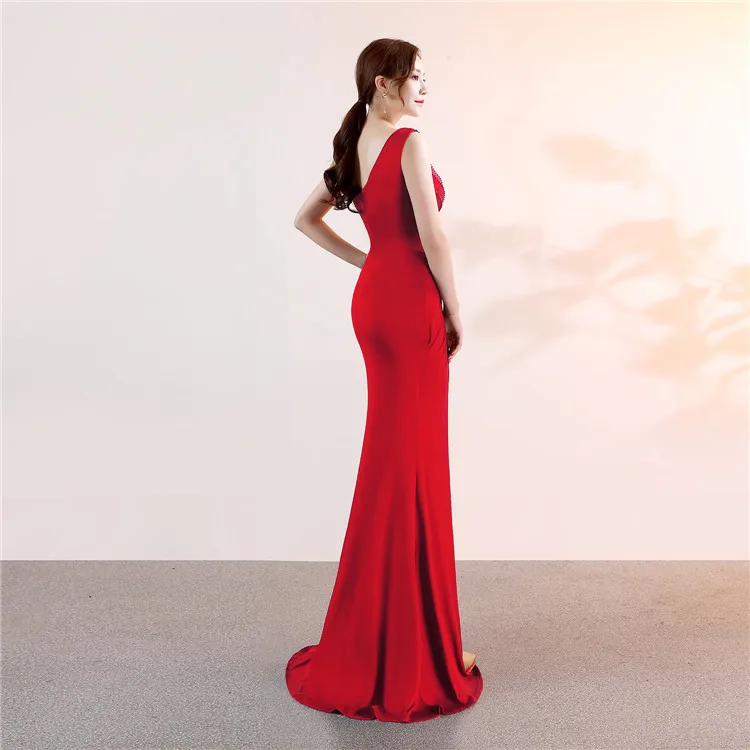 2020 Elegant Prom Dress Satin Evening dresses Long V Neck Sexy High Slits Corset High Quality Evening Wear Formal Party Gowns