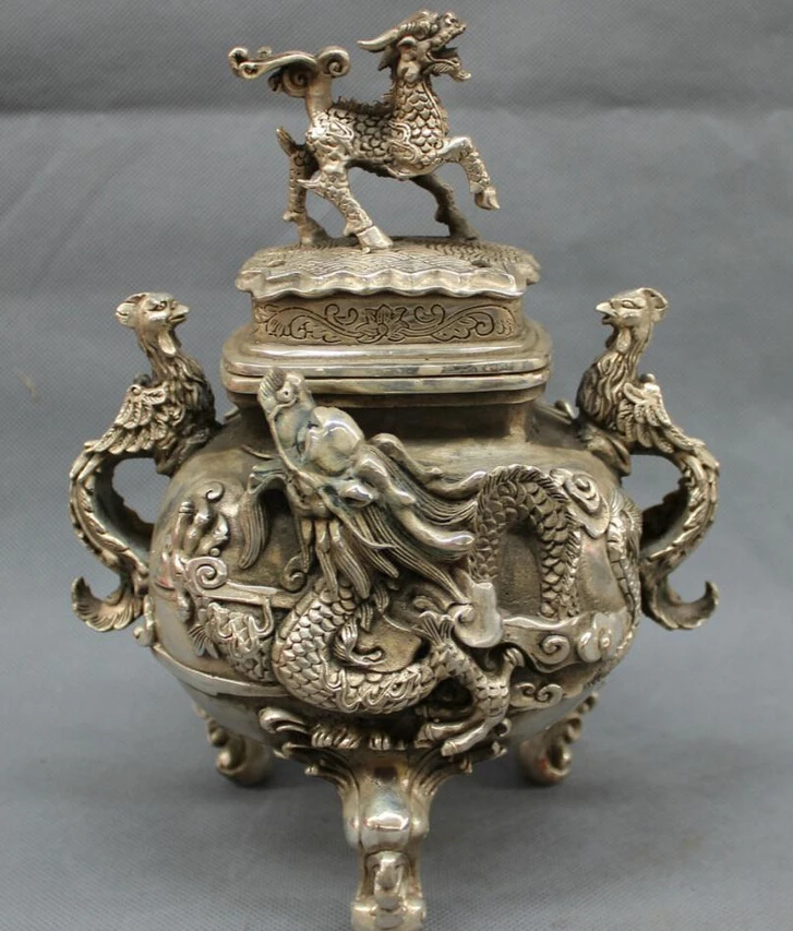

S4089 10" Marked Chinese Silver Folk Dragon Kylin Statue Phoenix Incense Burner Censer D0318