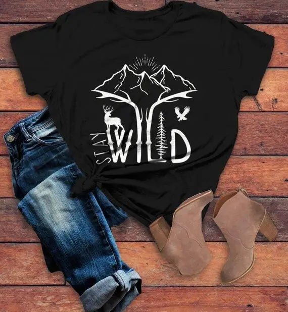 

STAY WILD t-shirt grunge tumblr camisetas street style cotton Mountain tree aesthetic quote graphic funny women vintage tee top