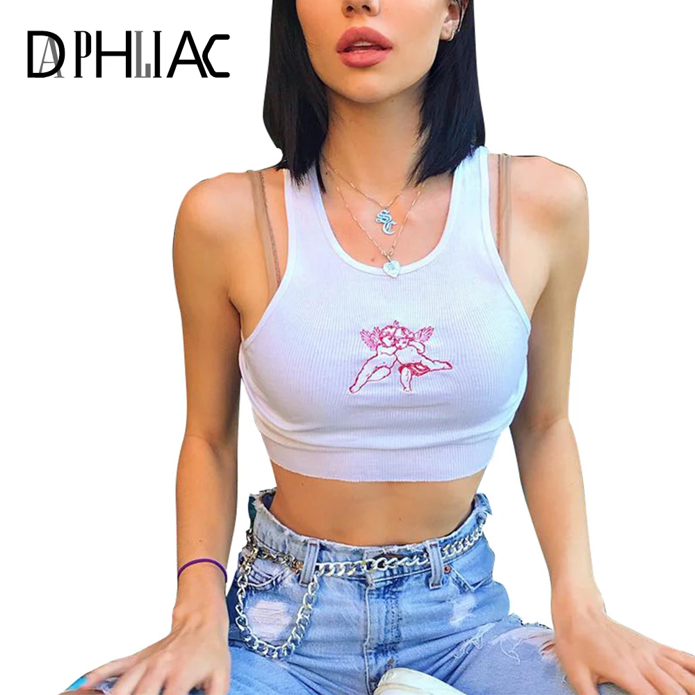 

Summer Knitted Tank Top Sweet U Neck Cartoon Embroidery Casual Short Slim Female Tops Solid Cupid Sleeveless Camiseta Tirantes