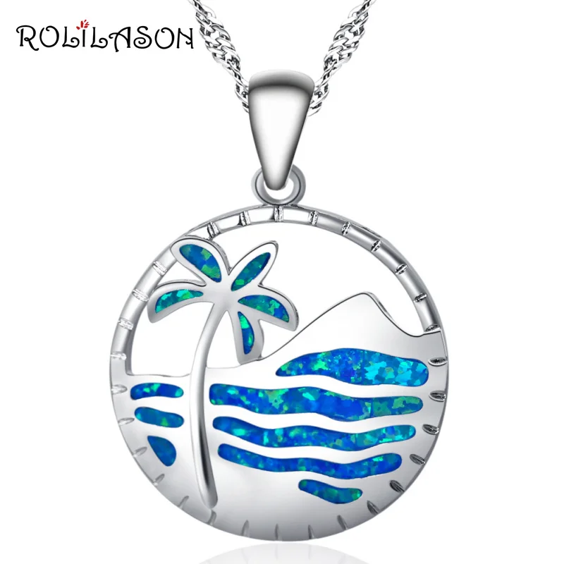 ROLILASON Round Beach coconut trees Blue Fire Opal Silver Stamped 925 Necklace Pendants for women OP751