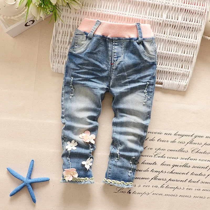 2017 new spring autumn baby jeans girl flowers jeans children's jeans