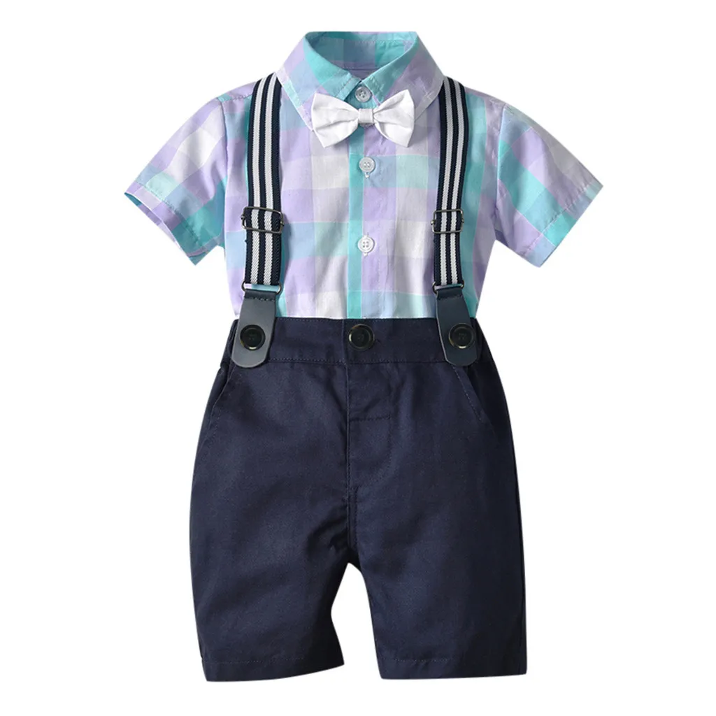 Комплект одежды для мальчиков из 2 предметов, модный детский костюм для мальчиков костюм джентльмена для маленьких мальчиков клетчатая рубашка с галстуком-бабочкой комплект шорт на подтяжках