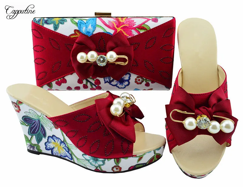 

Luxury wedding/party set series wedge high heel sandal shoes and handbag set MM1063 in wine, heel height 10.5cm