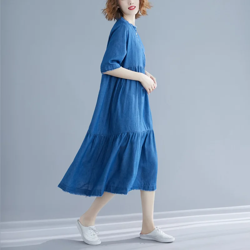 

Johnature Women Korean Style Dress Vintage Patchwork Robes Denim Blue 2019 Summer New Casual Loose Women Cloths Dress