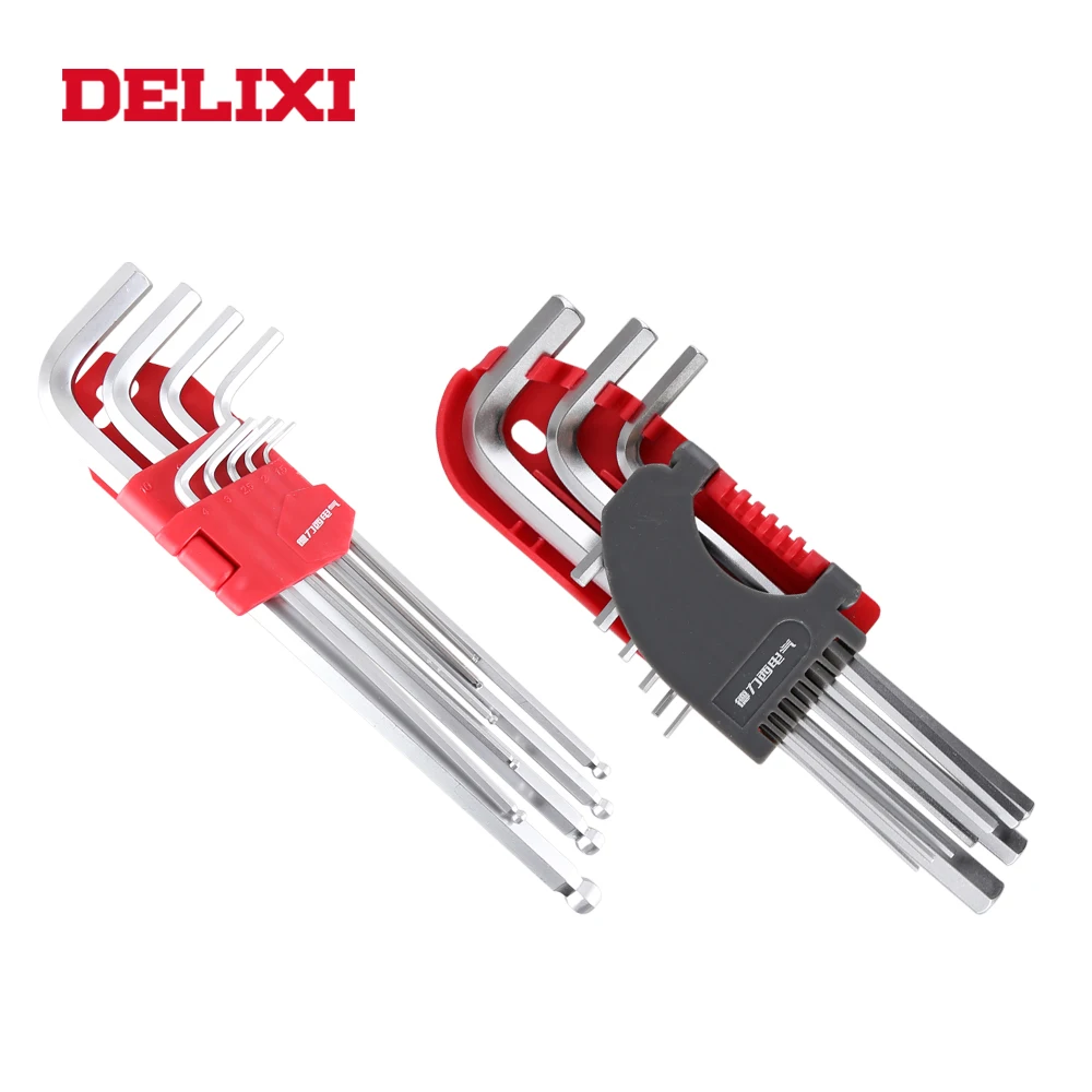 

DELIXI 9pcs Hex Key Allen Wrench Set 1.5mm - 10mm CRV Steel Ball/Flat End Metric Hand Tool Kit Micro spanner Chain Wrench