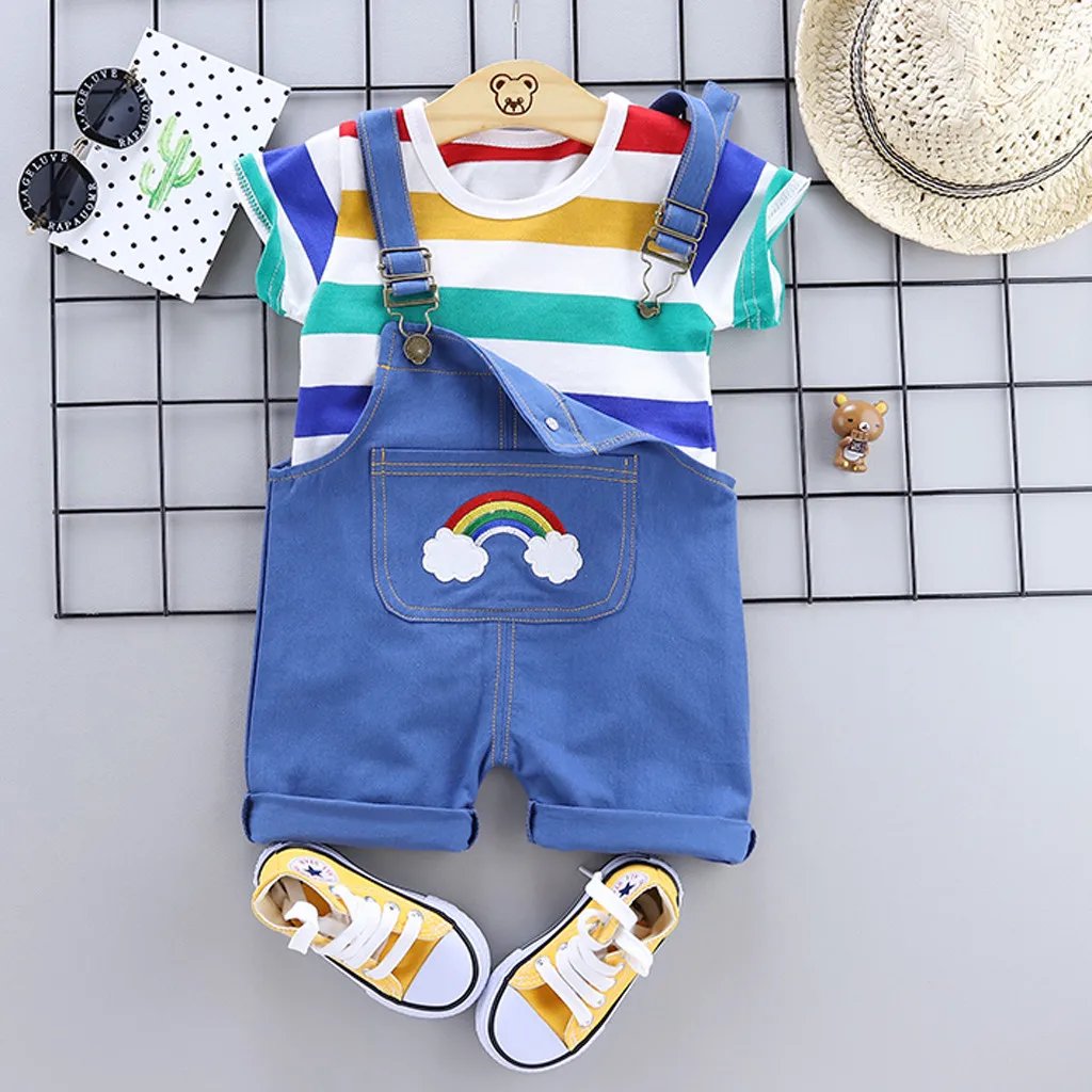 Toddler Baby Boy Kids Rainbow Stripe Tops T-shirt Straps Short Outfits Set(Not included shoes)