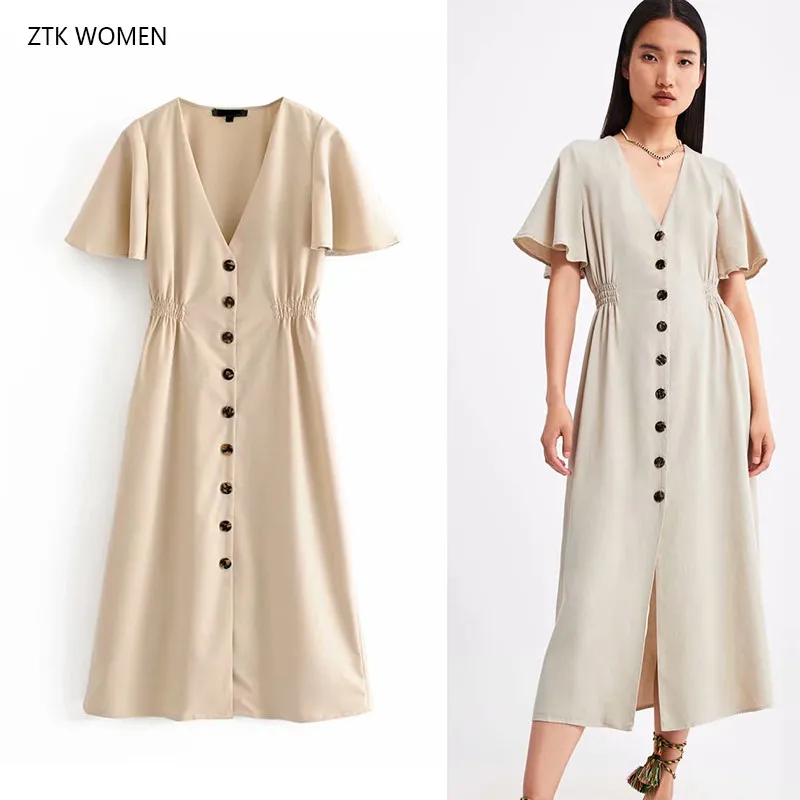 

ZTK WOMAN 2019 women fashion Solid long dress ladies V-neck khaki Button chic korean vestidos brand party mididresses