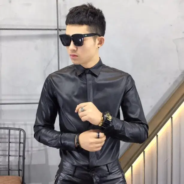 Hot 2019 New spring New imitation sheepskin washed leather long-sleeved shirt men trend Korean Slim leather shirt dark blue 