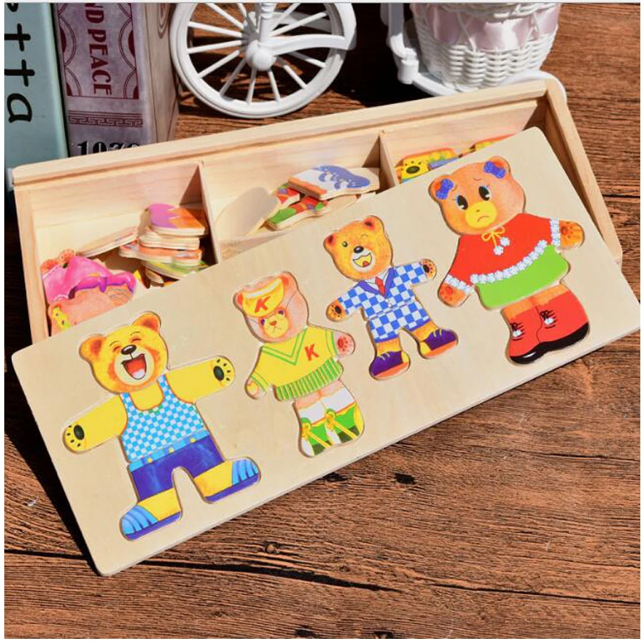 

Wooden Toys little bear Change Clothes Puzzles Montessori Educational Dress Changing Jigsaw Puzzle toys for Children
