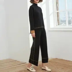 Тянуть продвижение спандекс ацетат Повседневное Для женщин Вязание комплект 2018 весна новый простой светлый свитер широкие брюки из двух