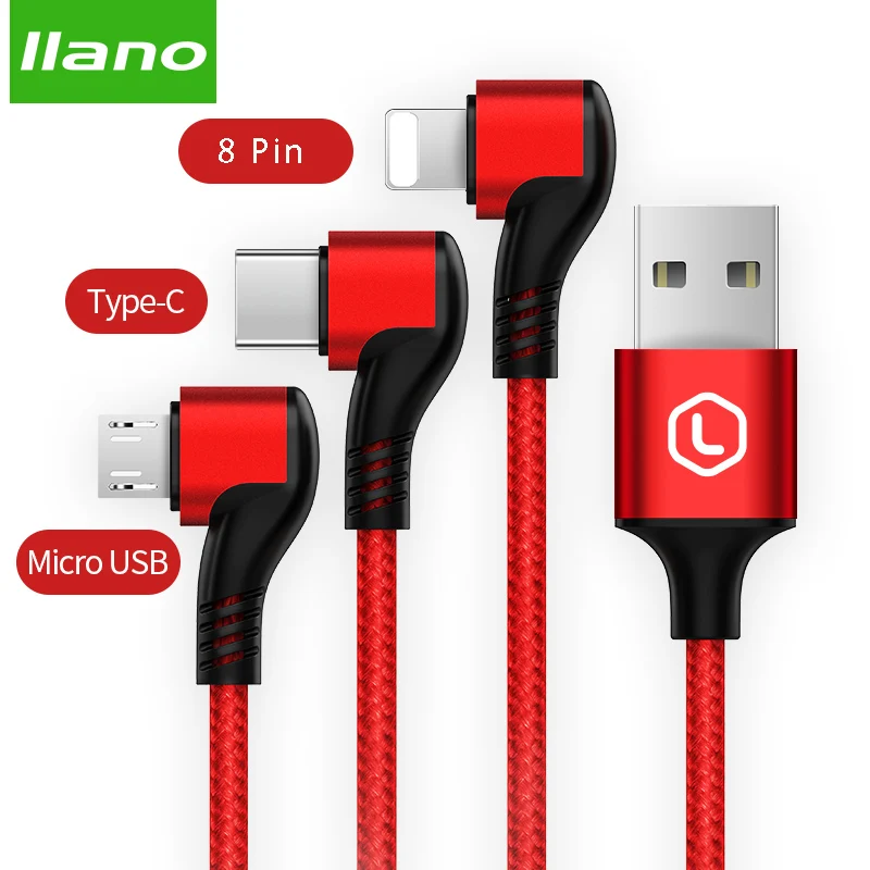 

llano 3 in 1 USB Charging Cable For iPhone Micro USB Type C 90 Degree 3A Fast Phone Charger Data Cable for Samsung Huawei Xiaomi