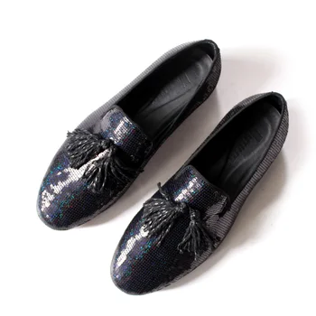 

2017 newest spring autumn pointed slip on sequins leather loafers for men handmade slip on party flats free shipping bigs size45
