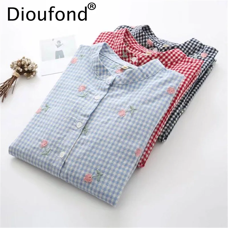En Ligne Dioufond Floral Broderie Femmes Chemises À Carreaux Occasionnel Turn down À Manches Longues Chèque Blouses Femmes Col montant Automne Hiver 2017