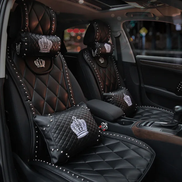 Personalized Leather Car Seat Covers DAD Crown Rivet Universal Size Automobile 1pcs Front Cushions Pads