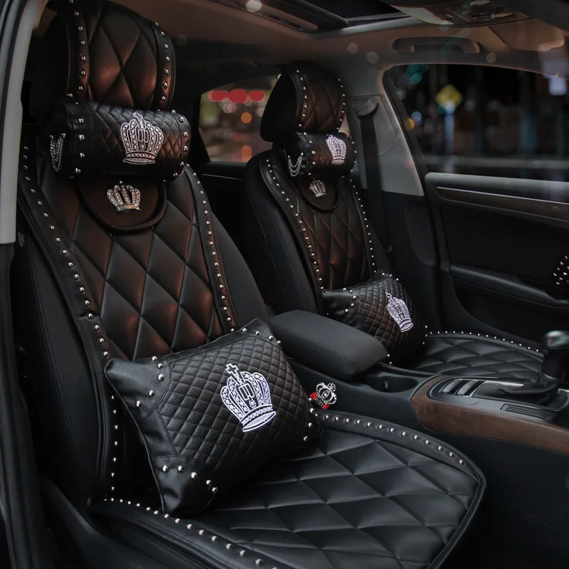 Pаспродажа Модные кожаные чехлы для автомобильных сидений, универсальный размер, чехлы для передних сидений, кристальная Корона, заклепки, автомобиль...