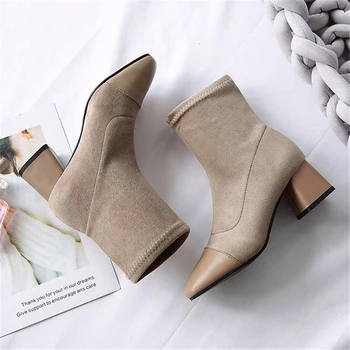 

2018 European Women's sexy square head high heel short boots female thick heel thin stretch sock boot middle tube Martin boot