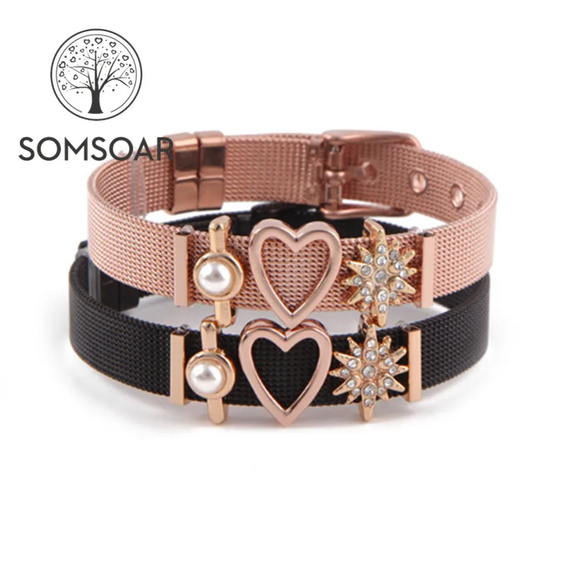 

Somsoar Jewelry 2018 Summer Mesh Keys Bracelet set with heart DIY charms and Stainless steel Bracelet as Gift