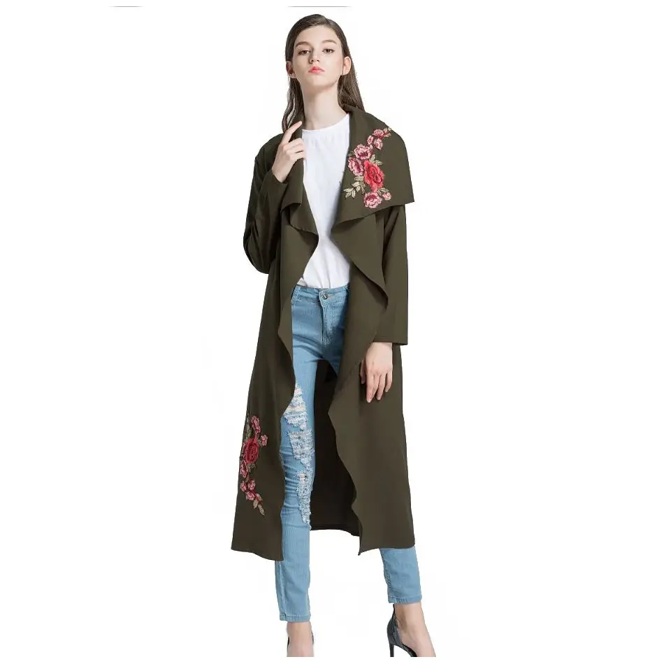 Autumn Spring Embroidery Floral Pink Long Trench Coat