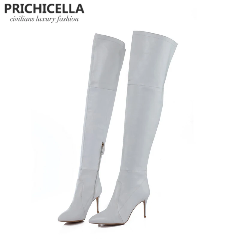 PRICHICELLA 8 см 10 см серый натуральная кожа сапоги выше колена высокие ботинки size34-42