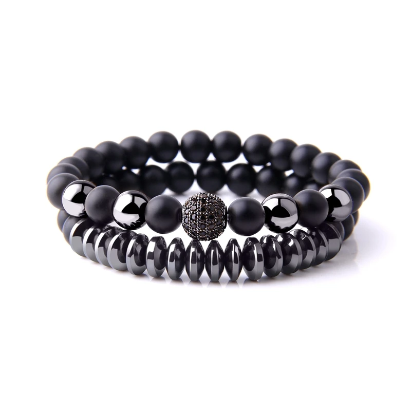 

Vinswet 2pcs/set Micro Pave CZ Disco Ball Charms Bracelets For Women Natural Hematite Matte Beads Stone Bracelet Men Jewelry