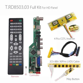 

T.RD8503.03 Universal LCD LED TV Controller Driver Board TV/PC/VGA/HDMI/USB +7 Key button+2ch 8bit 30 LVDS Cable+4 lamp inverter