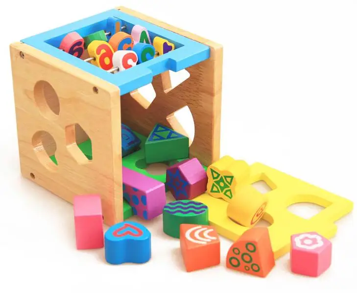Shape Sorting Cube Intelligence Learning Box Wooden Blocks Toys For Baby Toddler Children 1 2 3