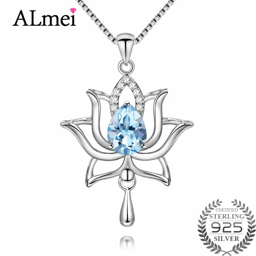 

Almei Female 1.2ct Blue Topaz 925 Sterling Silver Lotus Necklaces & Pendants for Women Elegant Dandelion Flower with Box CN055